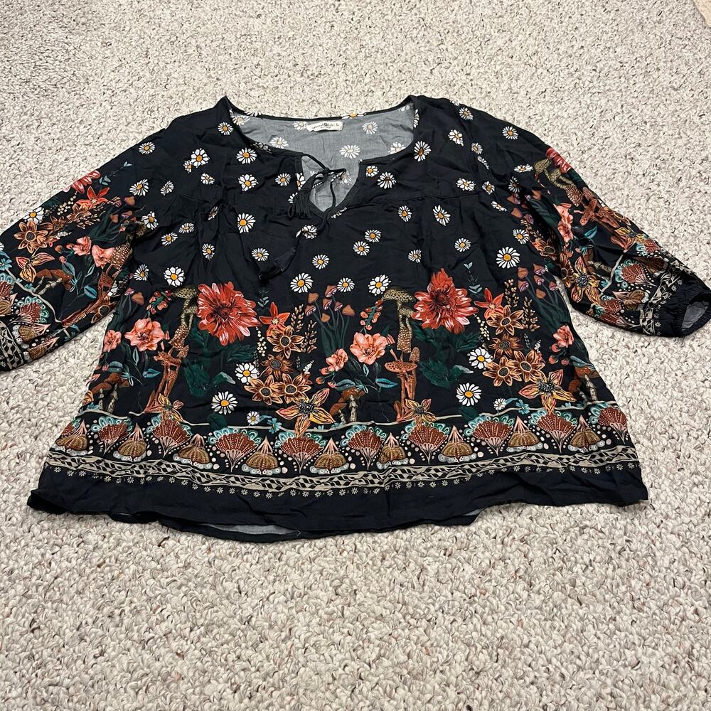 Natural Life Mushroom Floral Peasant Blouse Sz L Boho Woodland Feminine FLAW